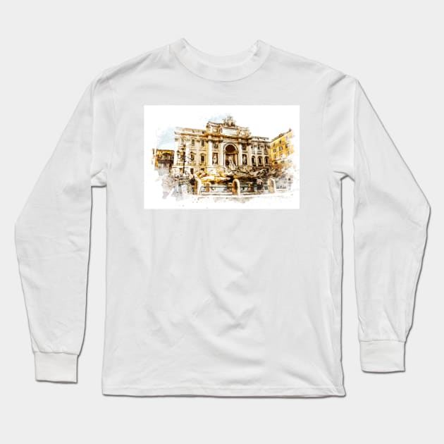 Captivating BEAUTY of  ROME Italy Trevi Fountain Watercolor Painting Travel Art Long Sleeve T-Shirt by Naumovski